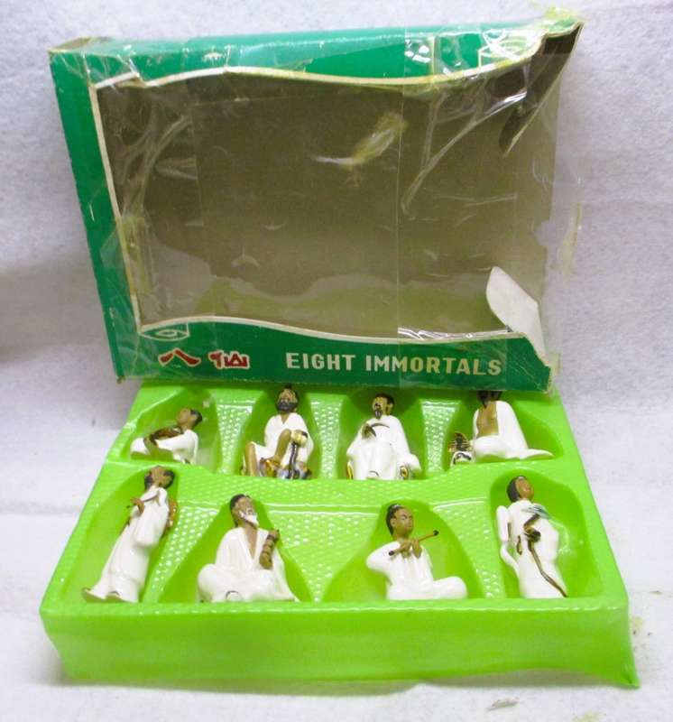 Vintage Chinese Eight Immortals figures hand painted Porcelain. In original box. Spotless.