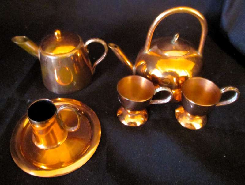 9 Piece mini red copper Tea , Coffee pot and others. Printers tray items.