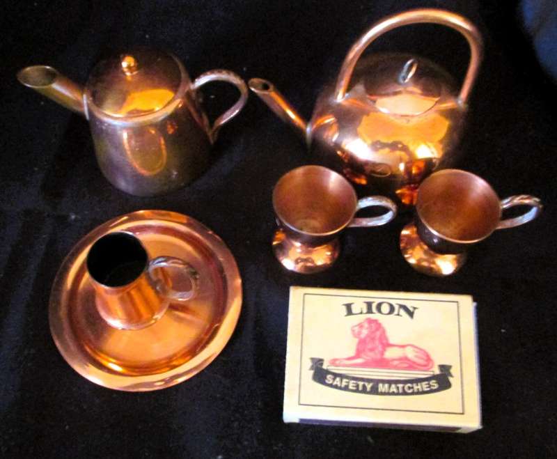 9 Piece mini red copper Tea , Coffee pot and others. Printers tray items.