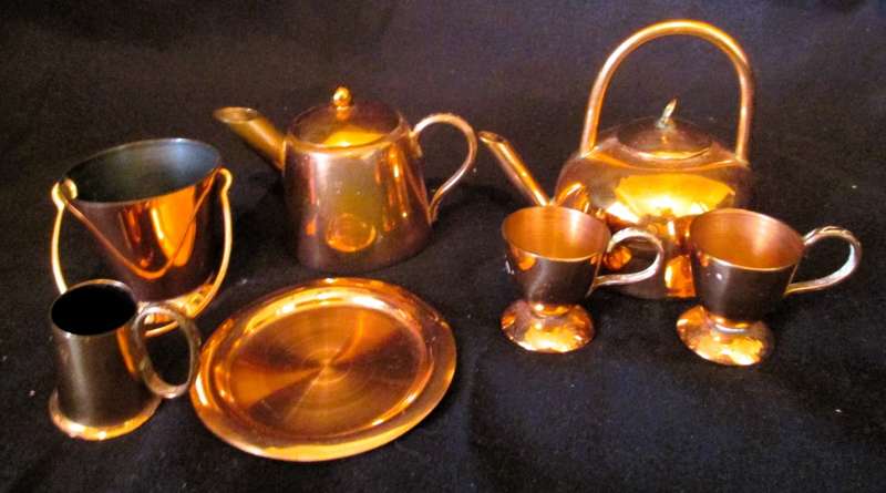 9 Piece mini red copper Tea , Coffee pot and others. Printers tray items.