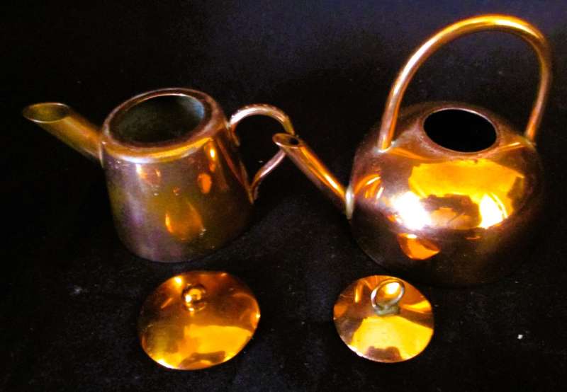 9 Piece mini red copper Tea , Coffee pot and others. Printers tray items.