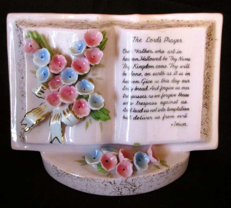 SALE R25 -Vintage Kingsway Lord`s Prayer Pink Ceramic Wall Pocket Planter Vase.  120x100mm