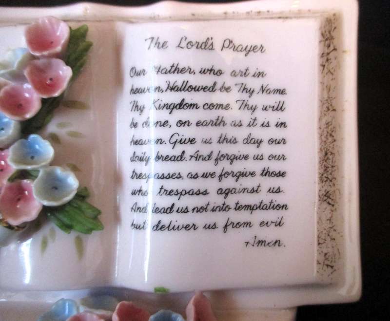 SALE R25 -Vintage Kingsway Lord`s Prayer Pink Ceramic Wall Pocket Planter Vase.  120x100mm