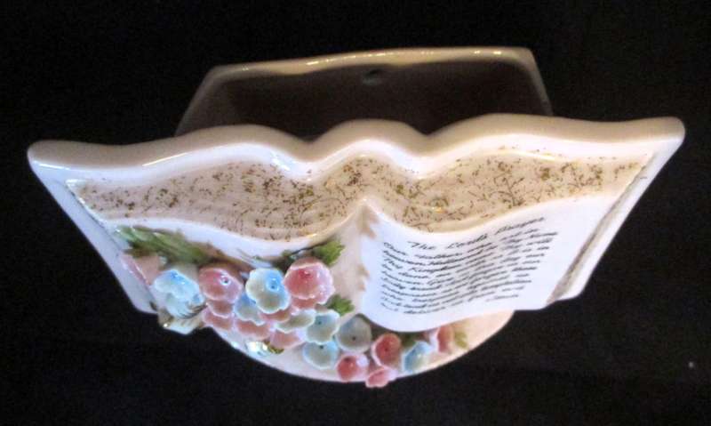 SALE R25 -Vintage Kingsway Lord`s Prayer Pink Ceramic Wall Pocket Planter Vase.  120x100mm