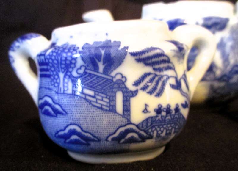 Antique 3pc Miniture  Blue Willow Children`s Tea Set Creamer, Sugar, Tea Pot, Please refer photos.