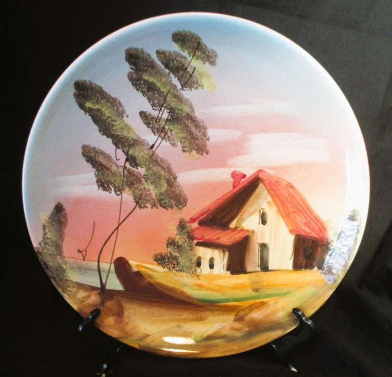 Vintage Hand-Painted Ceramic Plate,  Italy, Thatched Roof House by the Water. 220mm dia.