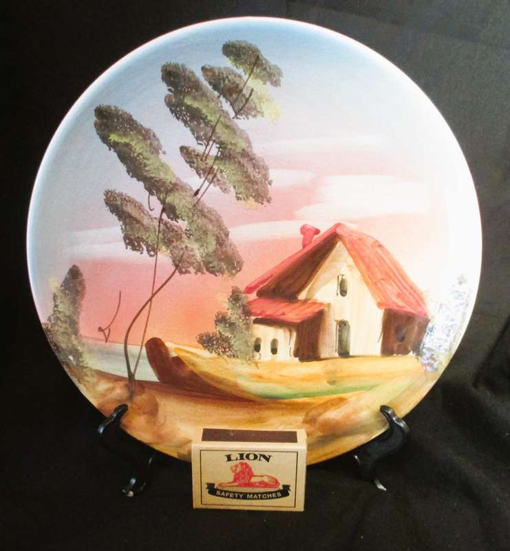 Vintage Hand-Painted Ceramic Plate,  Italy, Thatched Roof House by the Water. 220mm dia.