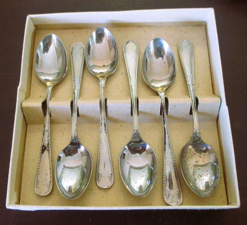 Set of 6 Sipelia rustless nickel silver tea spoons. Great patina.