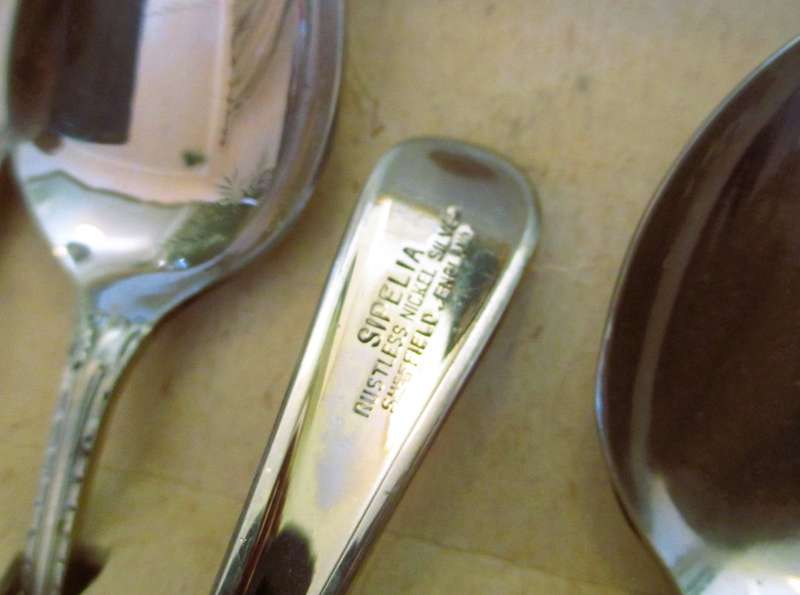 Set of 6 Sipelia rustless nickel silver tea spoons. Great patina.