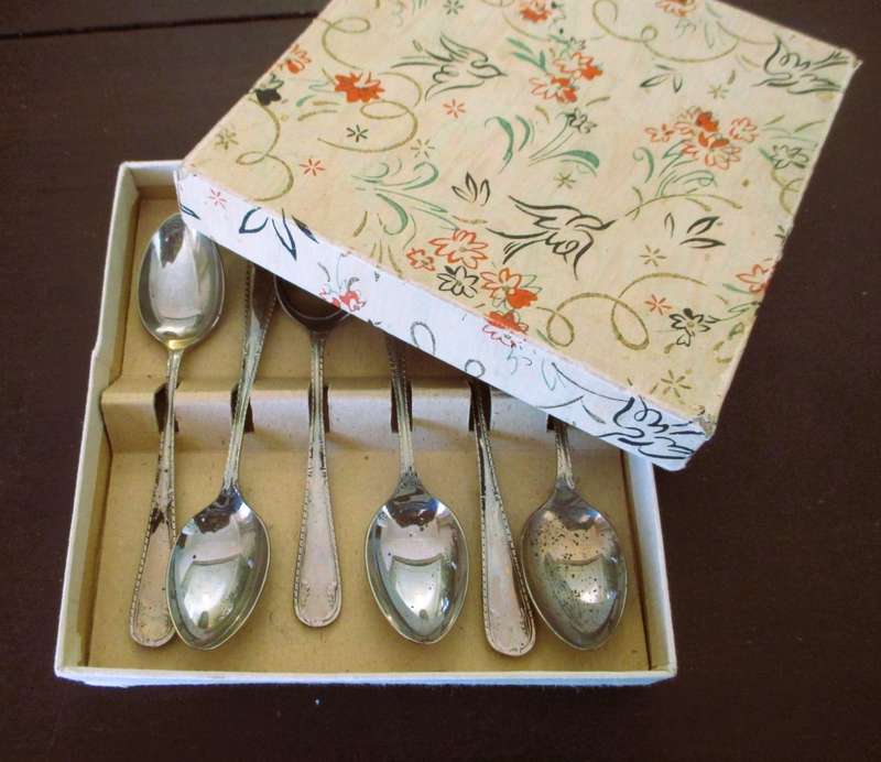 Set of 6 Sipelia rustless nickel silver tea spoons. Great patina.