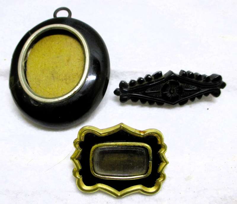 Lot of 3 Very Fine Victorian Jet-Onyx Mourning Memento Pendant and brooches,silver and gold finishes