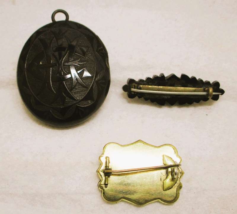 Lot of 3 Very Fine Victorian Jet-Onyx Mourning Memento Pendant and brooches,silver and gold finishes