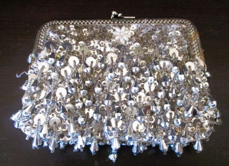 Vtg Beaded HandBag Silver & Clear Evening Purse Prom Wedding 60s 70s