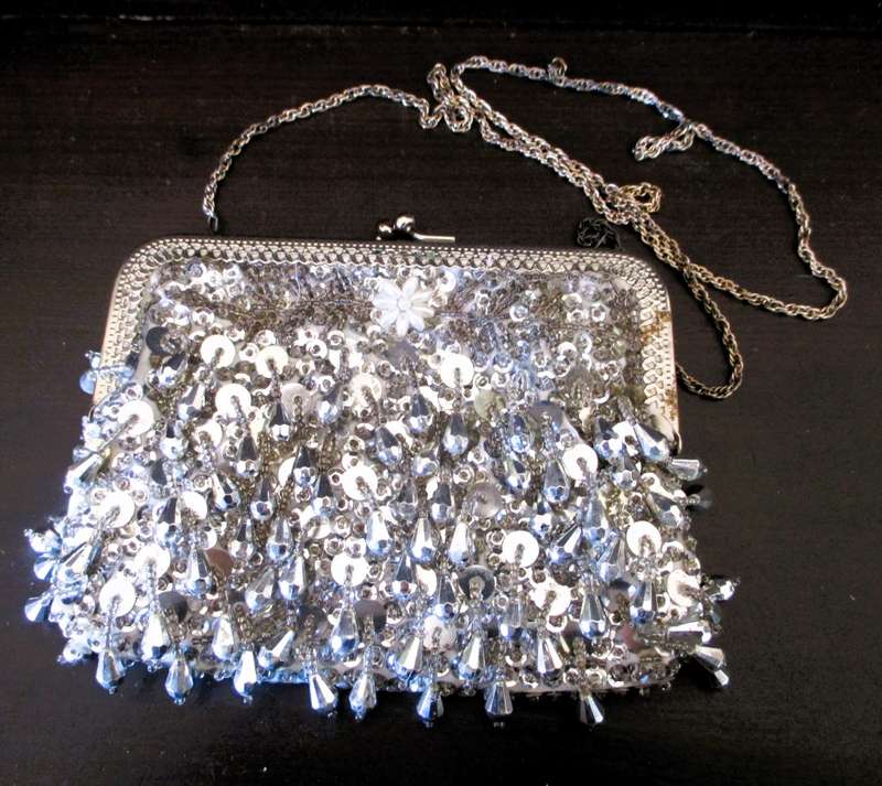 Vtg Beaded HandBag Silver & Clear Evening Purse Prom Wedding 60s 70s