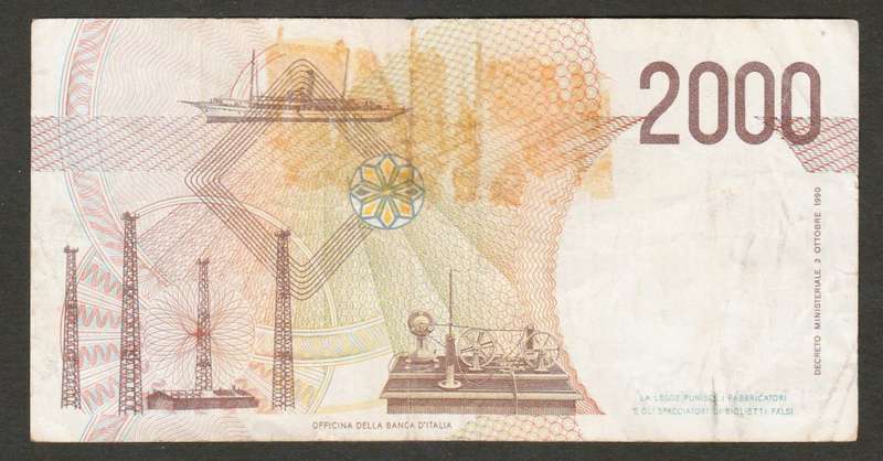 Vintage 1990 Italy 2000 lire Republic of Italy Bank Note.