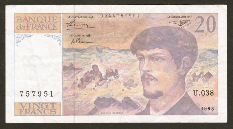 France, 20 Francs, 1993 Bank Note.