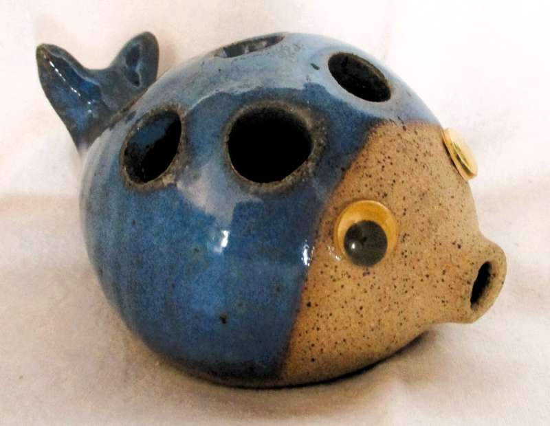 Vintage Ceramic glazed blue Fish Flower Frog. Cute item.  Photo scale.