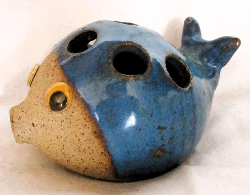 Vintage Ceramic glazed blue Fish Flower Frog. Cute item.  Photo scale.