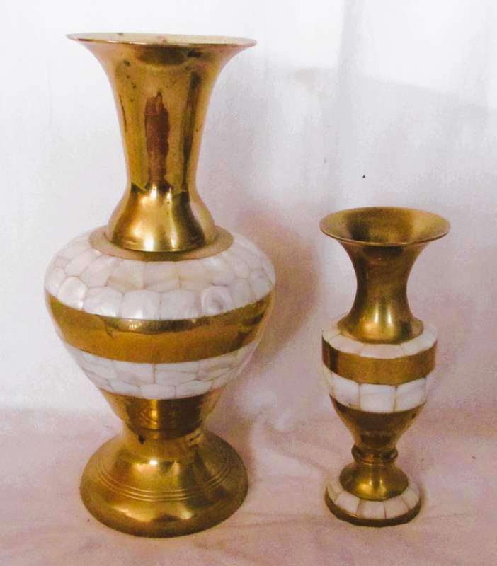 Two Vintage GORGEOUS Brass Shell inlade vases. VTG ATOMIC GOLD 50/60`S 150 and 230mm high.