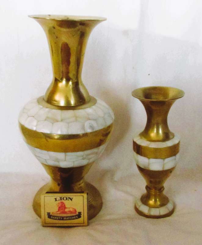 Two Vintage GORGEOUS Brass Shell inlade vases. VTG ATOMIC GOLD 50/60`S 150 and 230mm high.