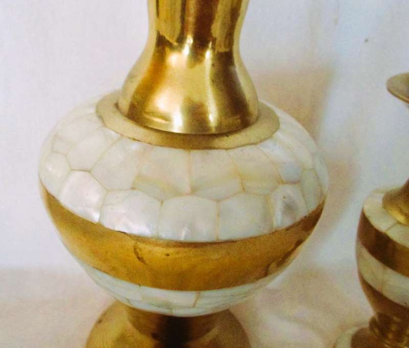 Two Vintage GORGEOUS Brass Shell inlade vases. VTG ATOMIC GOLD 50/60`S 150 and 230mm high.