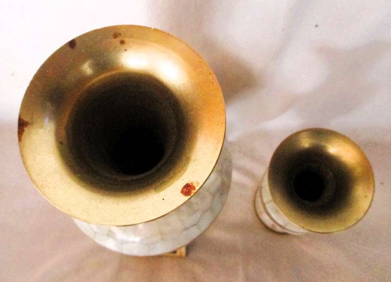 Two Vintage GORGEOUS Brass Shell inlade vases. VTG ATOMIC GOLD 50/60`S 150 and 230mm high.