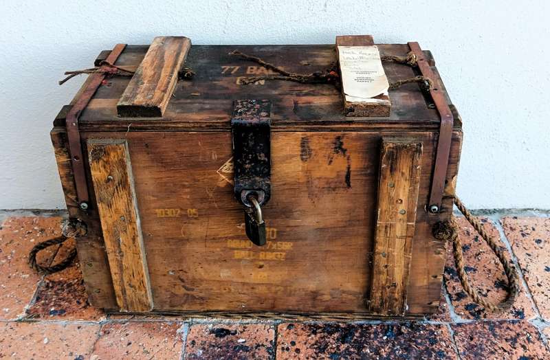 Vintage/Antique Wood Ammo Box used as securty storage. Lock without a key. 42x22x28cm