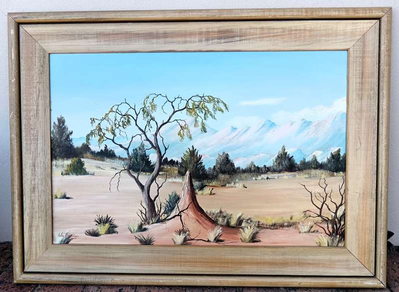 Vintage Wim Baartman 1950 Namibian scene oil painting- frame 76x55cm, painting 60x39cm. As per photo
