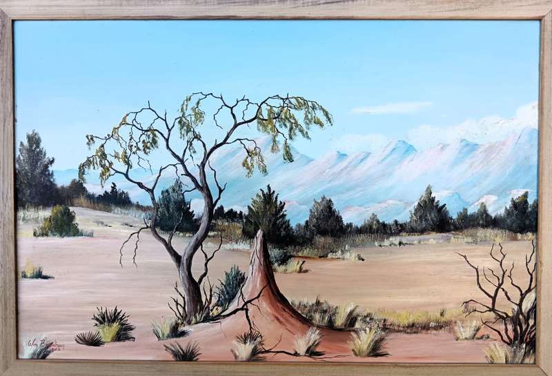 Vintage Wim Baartman 1950 Namibian scene oil painting- frame 76x55cm, painting 60x39cm. As per photo