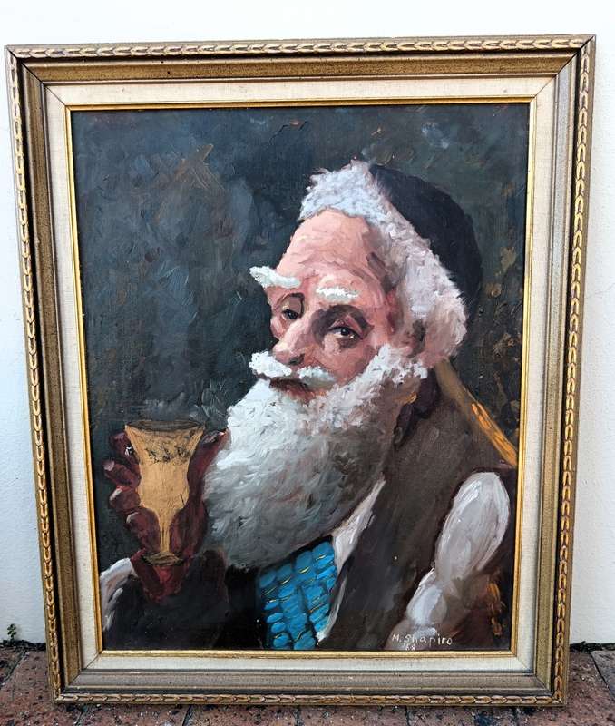 Vintage M Shapiro Jewish Rabbi oil painting- frame 50x60cm, painting 40x50cm. As per photo