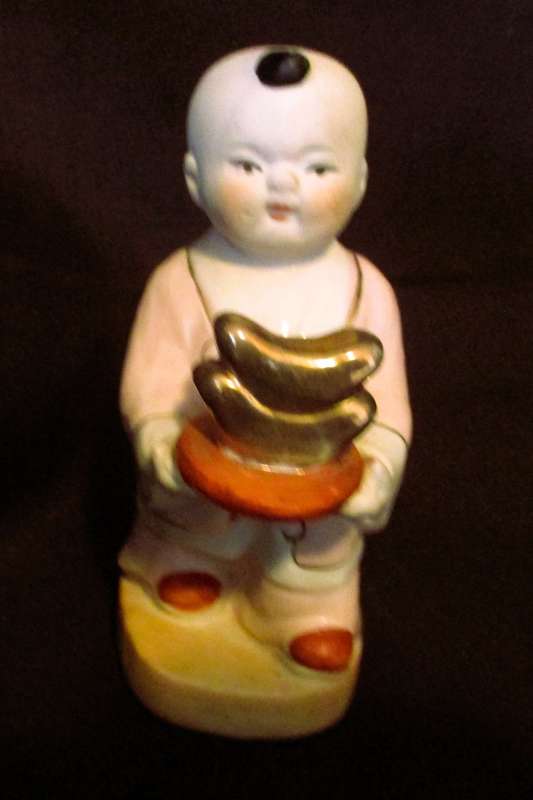 Vintage Asian Boy Porcelain Figurine Carrying Gold Glazed  Chinoiserie Grandmillennial Decor 12cm hi