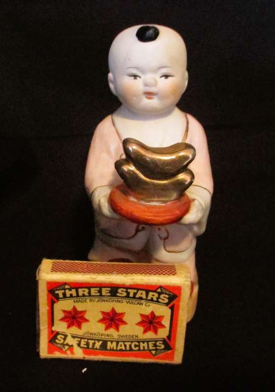 Vintage Asian Boy Porcelain Figurine Carrying Gold Glazed  Chinoiserie Grandmillennial Decor 12cm hi