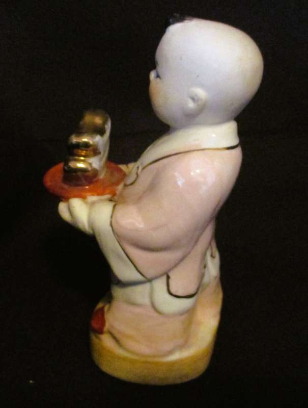 Vintage Asian Boy Porcelain Figurine Carrying Gold Glazed  Chinoiserie Grandmillennial Decor 12cm hi
