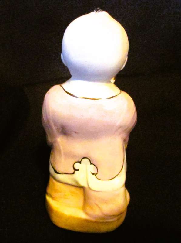 Vintage Asian Boy Porcelain Figurine Carrying Gold Glazed  Chinoiserie Grandmillennial Decor 12cm hi