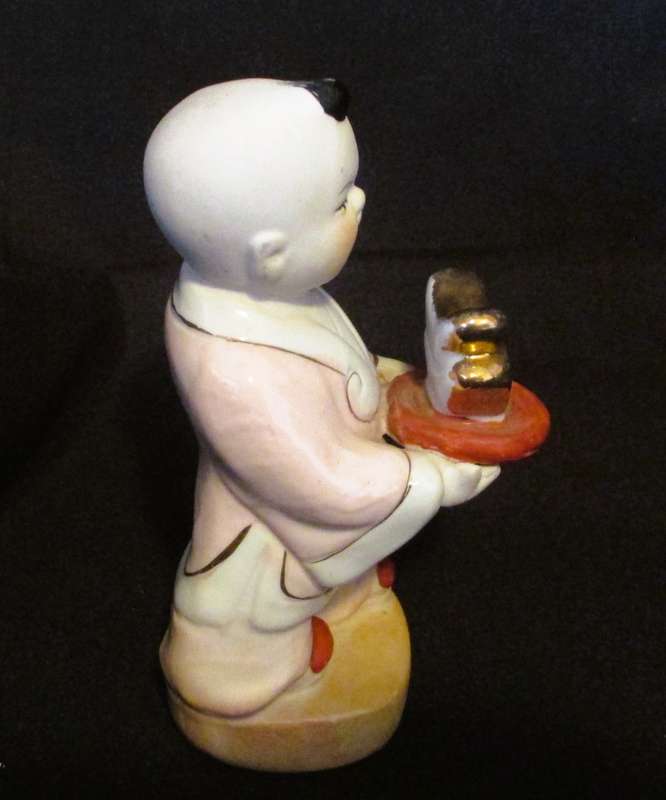 Vintage Asian Boy Porcelain Figurine Carrying Gold Glazed  Chinoiserie Grandmillennial Decor 12cm hi