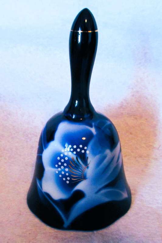 Vintage Asian Cobalt China or Porcelain Bell w/White Flower & Gold Decoration, Japan 130mm high