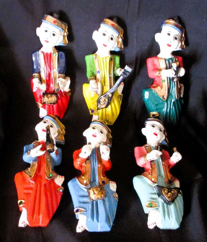 6 Wood Carving Mandalay Musical Band Dolls Sculpture Antique Wall Hanging, handpainted, 170mm as is