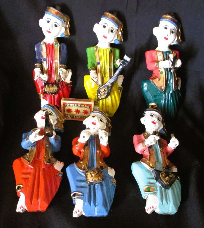 6 Wood Carving Mandalay Musical Band Dolls Sculpture Antique Wall Hanging, handpainted, 170mm as is