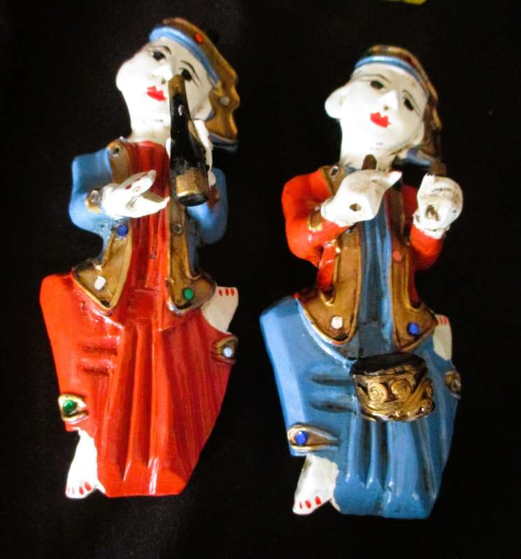 6 Wood Carving Mandalay Musical Band Dolls Sculpture Antique Wall Hanging, handpainted, 170mm as is