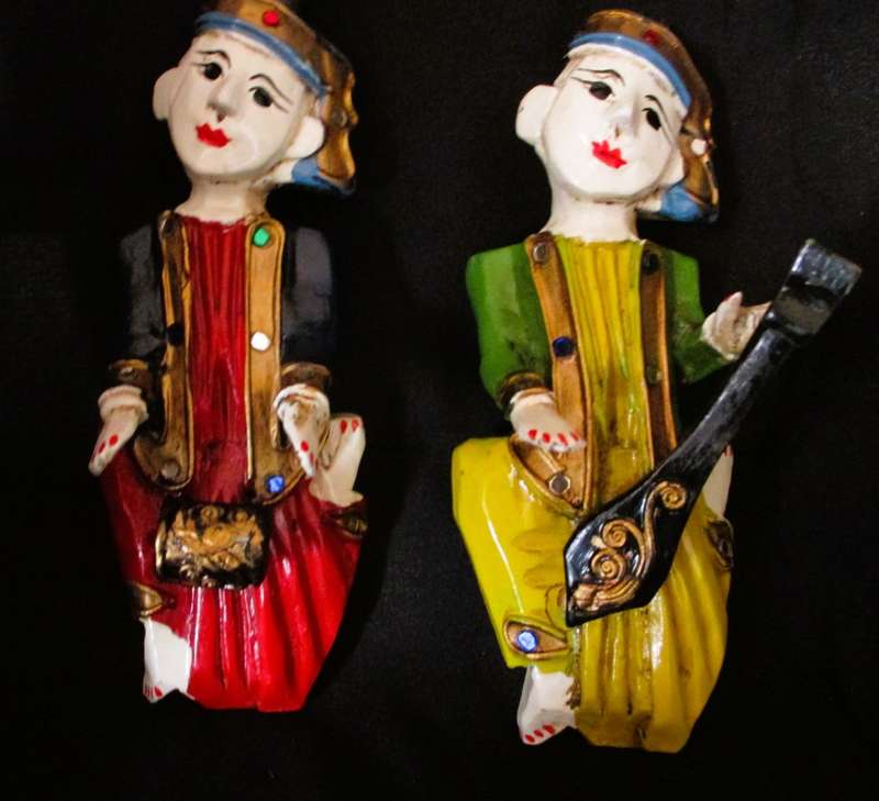 6 Wood Carving Mandalay Musical Band Dolls Sculpture Antique Wall Hanging, handpainted, 170mm as is