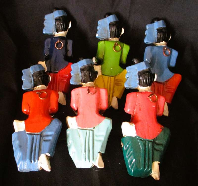 6 Wood Carving Mandalay Musical Band Dolls Sculpture Antique Wall Hanging, handpainted, 170mm as is