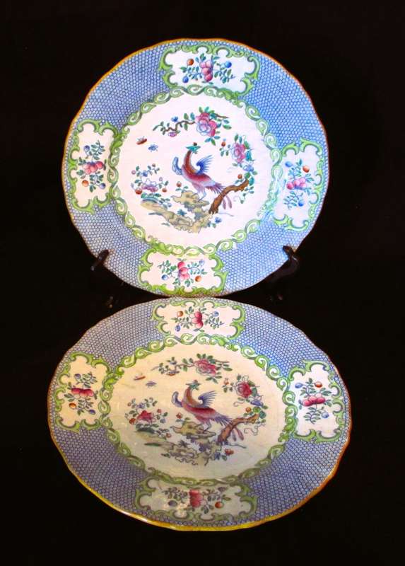 Set 2 Antique MINTONS Blue Cockatrice Side Plates, 18cm diameter.