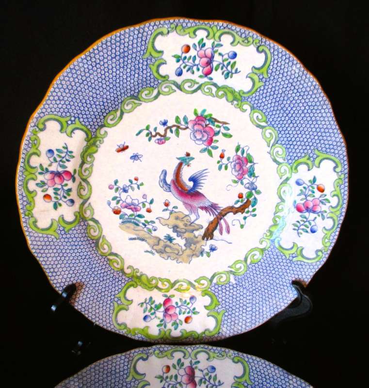 Set 2 Antique MINTONS Blue Cockatrice Side Plates, 18cm diameter.