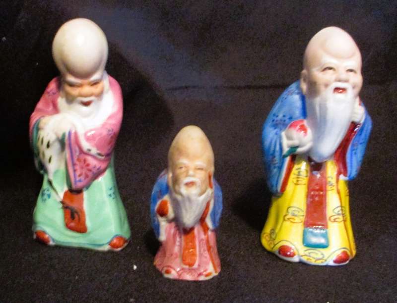 Lot of 3 Vintage Shou Xing Chinese Star God of Longevity Porcelain Figurines. 80mm and 50mm high.