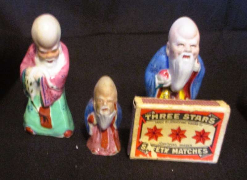 Lot of 3 Vintage Shou Xing Chinese Star God of Longevity Porcelain Figurines. 80mm and 50mm high.