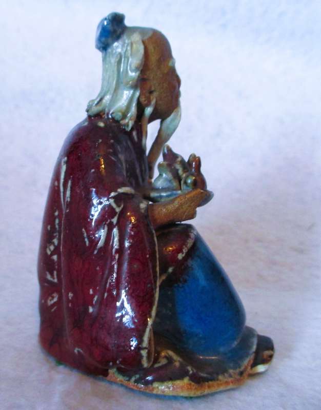 Vintage Chinese flambé glazed pottery figure,  early 20th century. Lots of caracter. 80mm high.