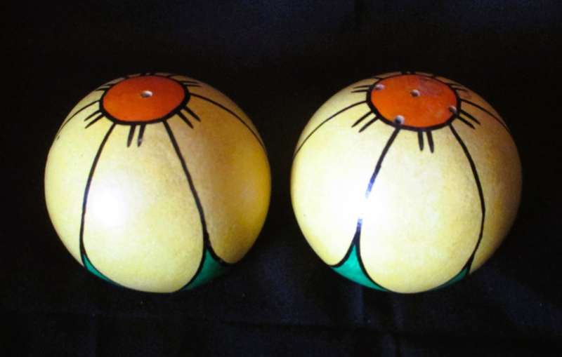 Wooden hand painted salt and pepper shakers. Fruit of Africa - Matamba Wild. 50mm high.