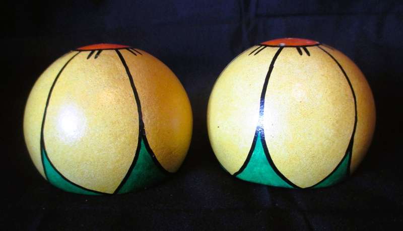 Wooden hand painted salt and pepper shakers. Fruit of Africa - Matamba Wild. 50mm high.