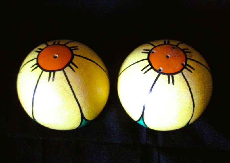 Wooden hand painted salt and pepper shakers. Fruit of Africa - Matamba Wild. 50mm high.
