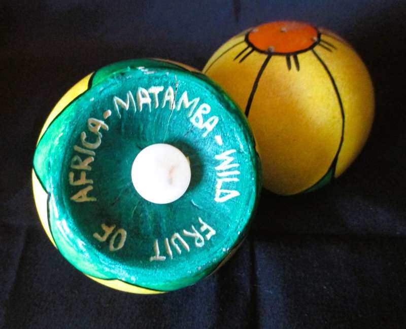 Wooden hand painted salt and pepper shakers. Fruit of Africa - Matamba Wild. 50mm high.